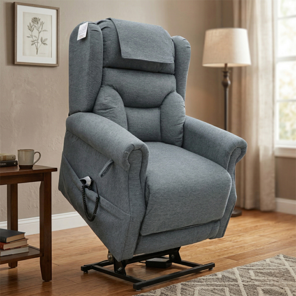Boise Fabric Dual Motor Lift and Tilt Recliner Chair In Steel Grey
