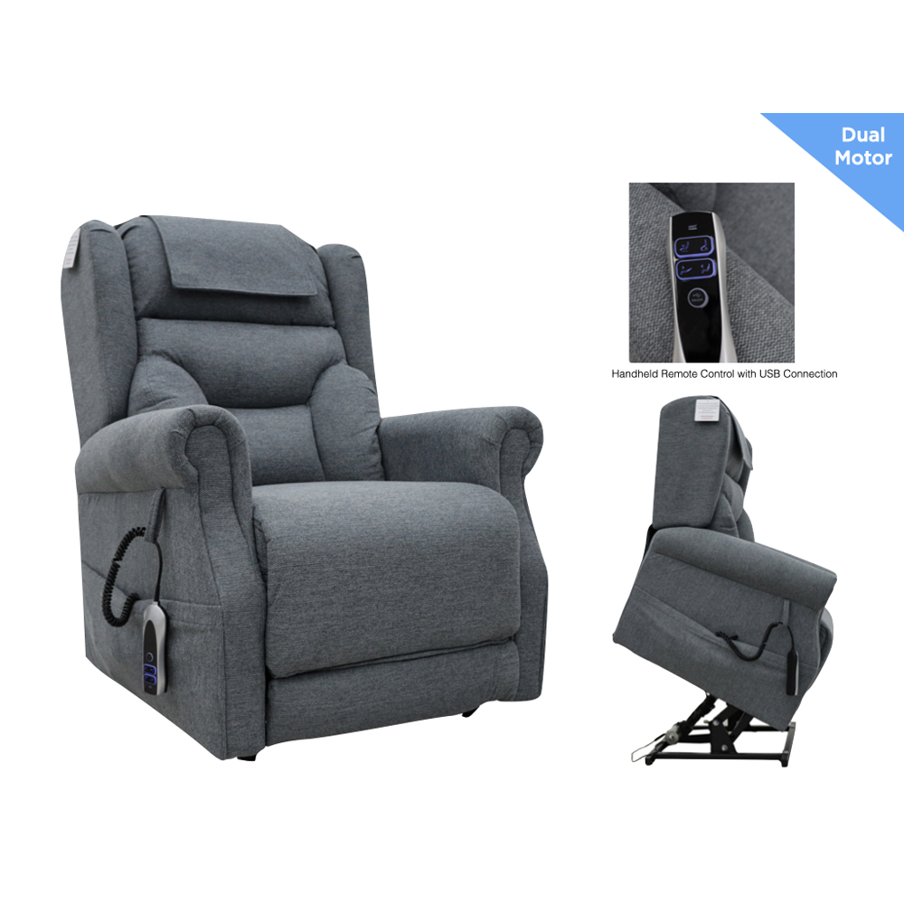Boise Fabric Dual Motor Lift and Tilt Recliner Chair In Steel Grey