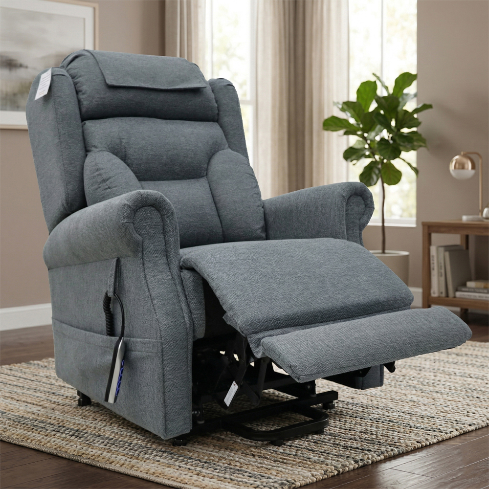 Boise Fabric Quad Motor Lift and Tilt Recliner Chair In Steel Grey