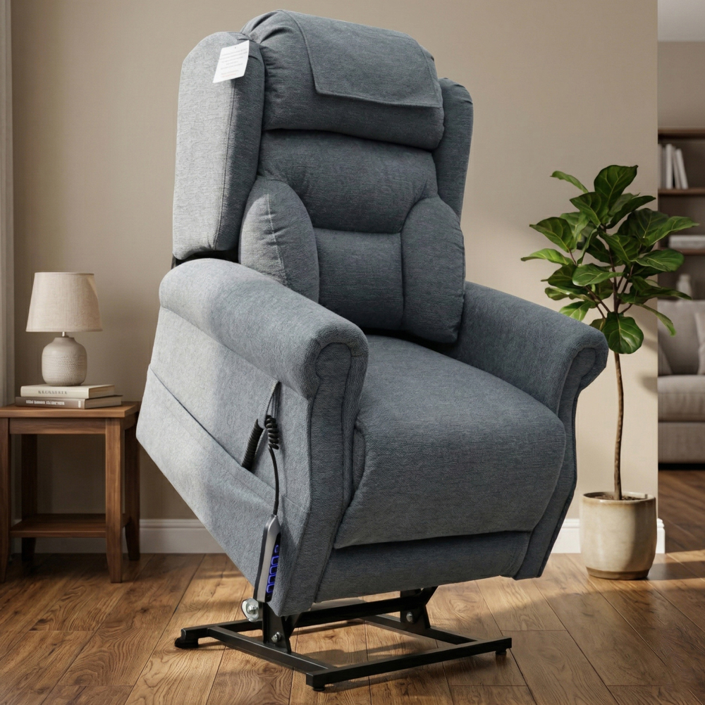 Boise Fabric Quad Motor Lift and Tilt Recliner Chair In Steel Grey