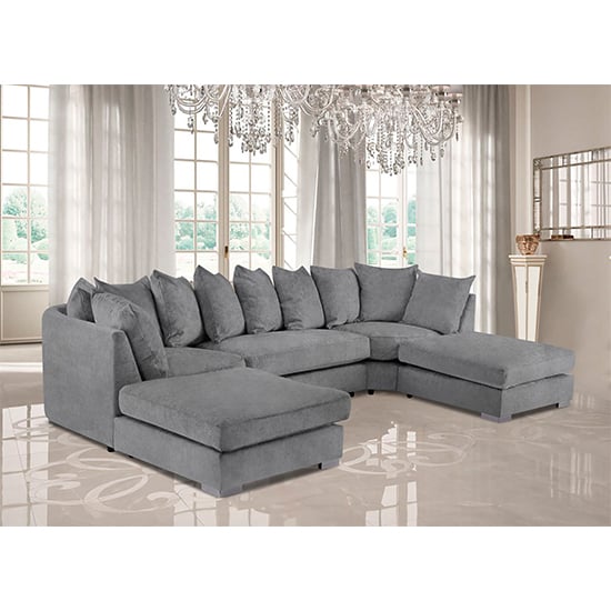 Boise U-Shape Plush Velour Fabric Corner Sofa In Grey