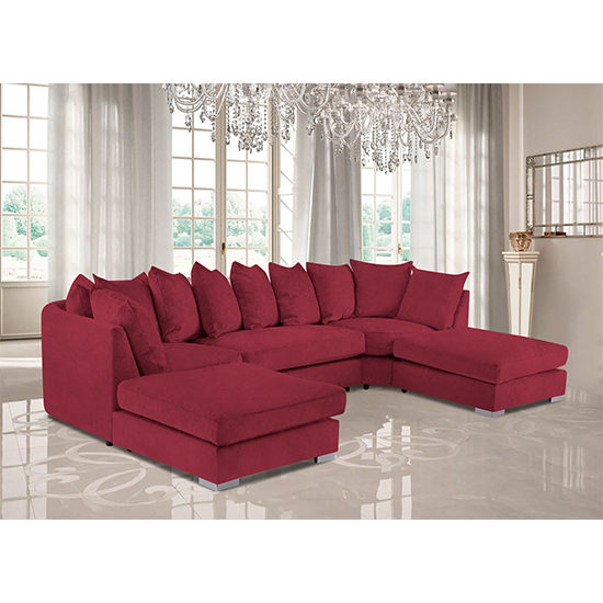 Boise U-Shape Plush Velour Fabric Corner Sofa In Red