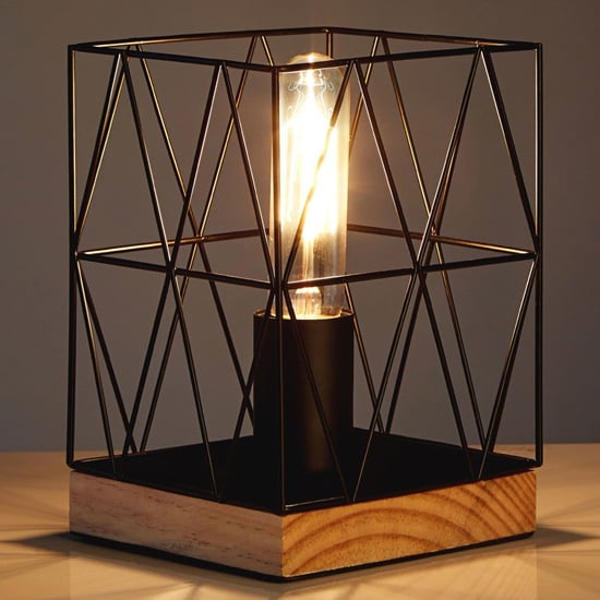 Product photograph of Boke Black Wire Frame Table Lamp With Natural Wooden Base from Furniture in Fashion