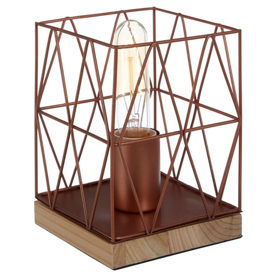 Photo of Boke copper wire frame table lamp with natural wooden base