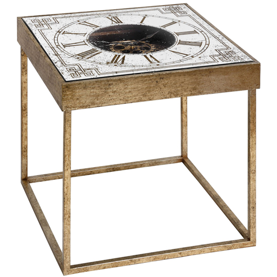Bolek Mirrored Square Framed Clock Side Table In Gold