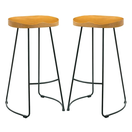 Boleyn Natural Wooden Bar Stools With Black Metal Legs In Pair