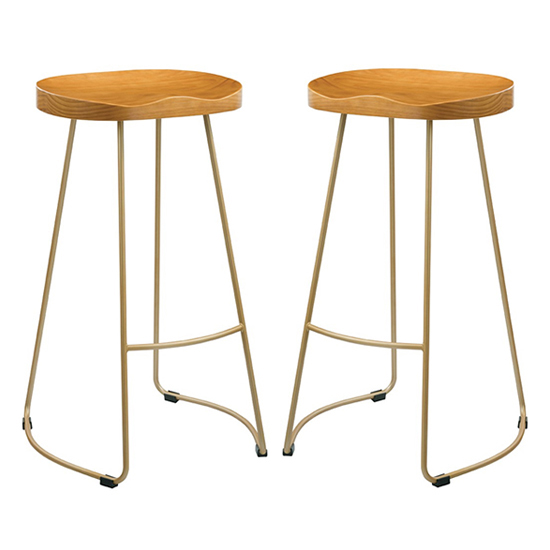 Boleyn Natural Wooden Bar Stools With Gold Metal Legs In Pair