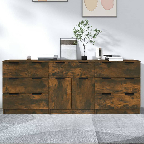 Bolivar Wooden Sideboard With 2 Doors 7 Drawers In Smoked Oak