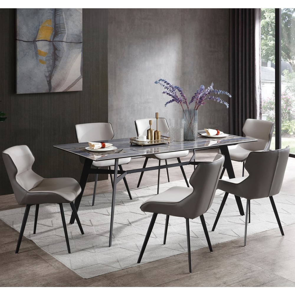Bolivia Glass Dining Table With 6 Stone Grey Chairs In Blue Mist