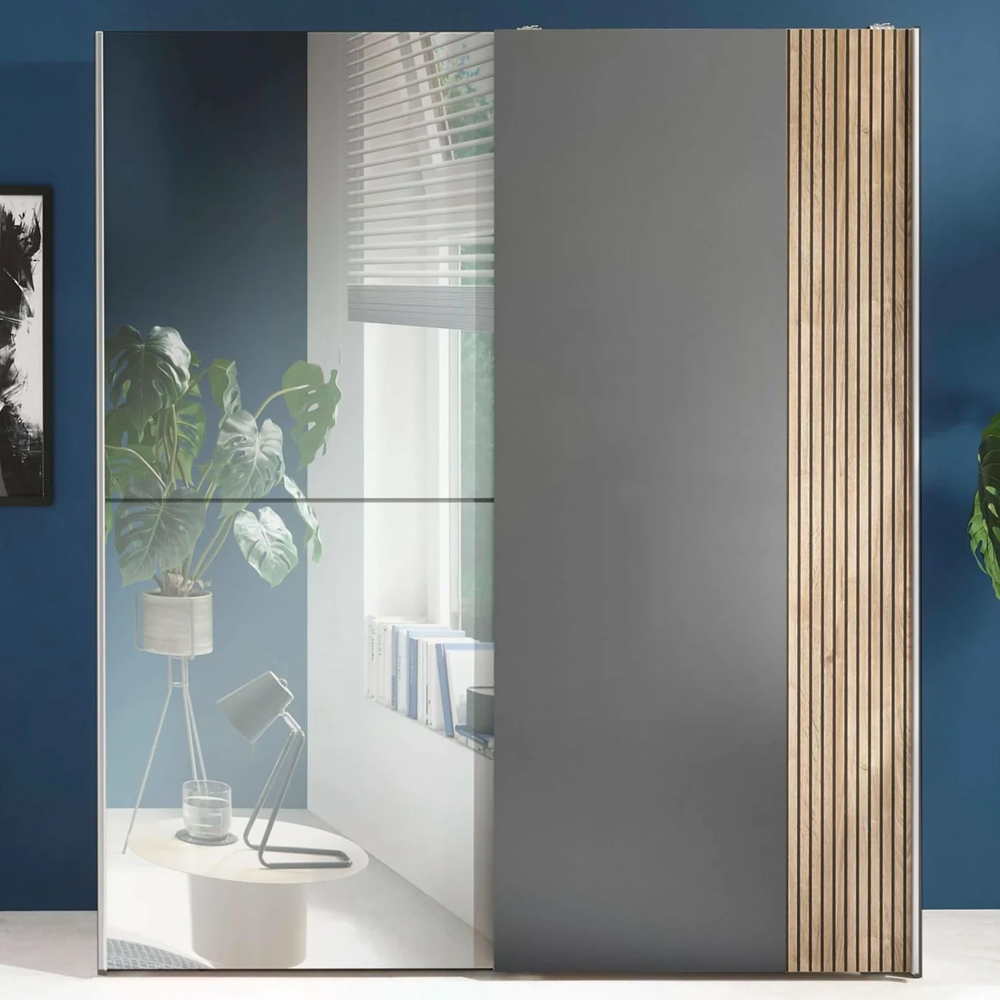 Bolivia Mirrorred Wardrobe With 2 Sliding Doors - Grey And Light Brown