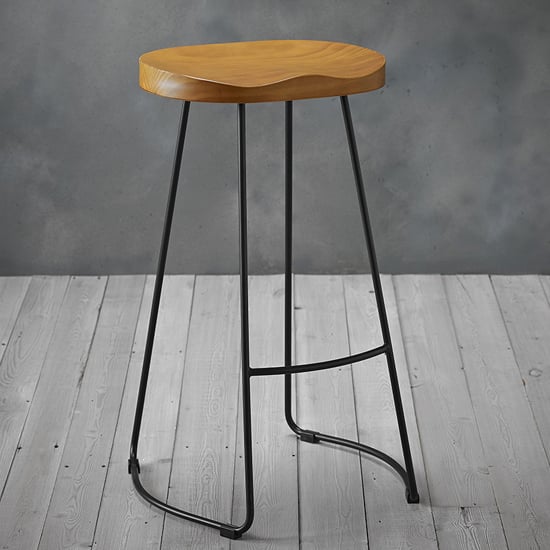 Bolney Pine Wooden Bar Stool With Black, Wooden Bar Stool With Iron Legs