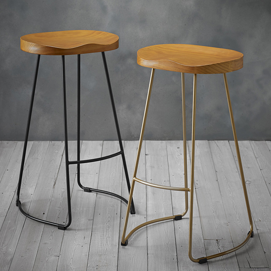 Bolney Pine Wooden Bar Stool With Gold Metal Legs_3