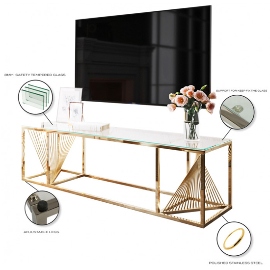 Bolzano Clear Glass TV Stand With Gold Stainless Steel Legs Furniture