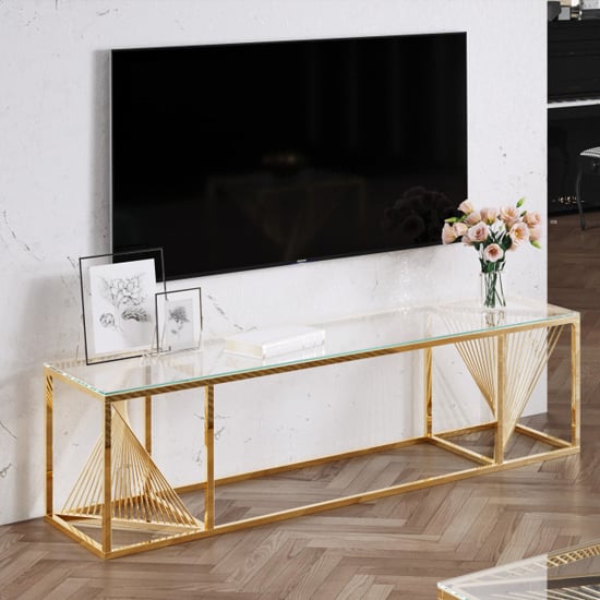 Bolzano Clear Glass Tv Stand With Gold Stainless Steel Legs Fif Bolzano Clear Glass Tv Stand With Gold, Glass Tv Console Table