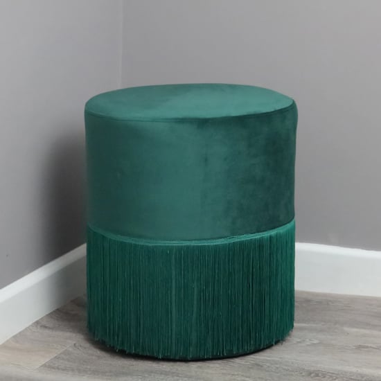 Brunner Round Velvet Tassles Stool In Deep Green