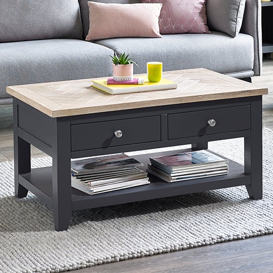 Product photograph of Baqia Wooden Coffee Table With 2 Drawers In Dark Grey from Furniture in Fashion