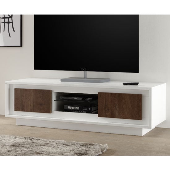 Borden Wooden 2 Doors TV Stand In Matt White And Cognac Oak