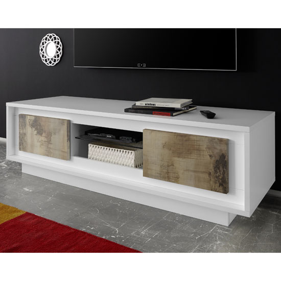 Borden Wooden 2 Doors TV Stand In Matt White And Pero Oak