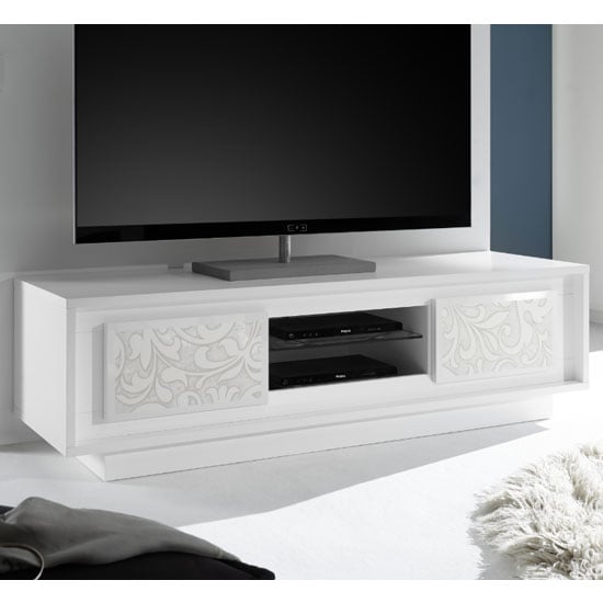 Read more about Borden wooden 2 doors tv stand in white and flowers serigraphy