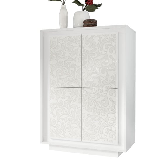 Borden Wooden Highboard In White And Flowers Serigraphy_3