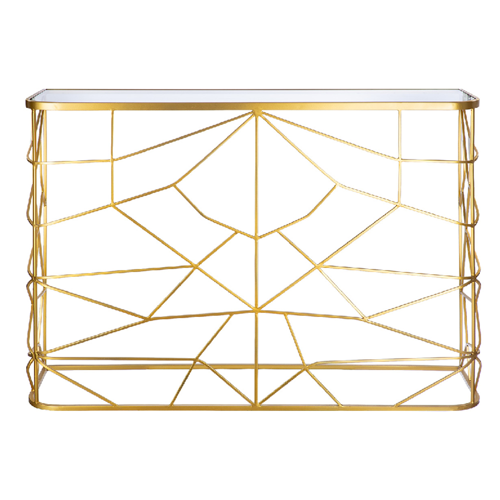 Carnation Gold Metal Console Table with Glass Top