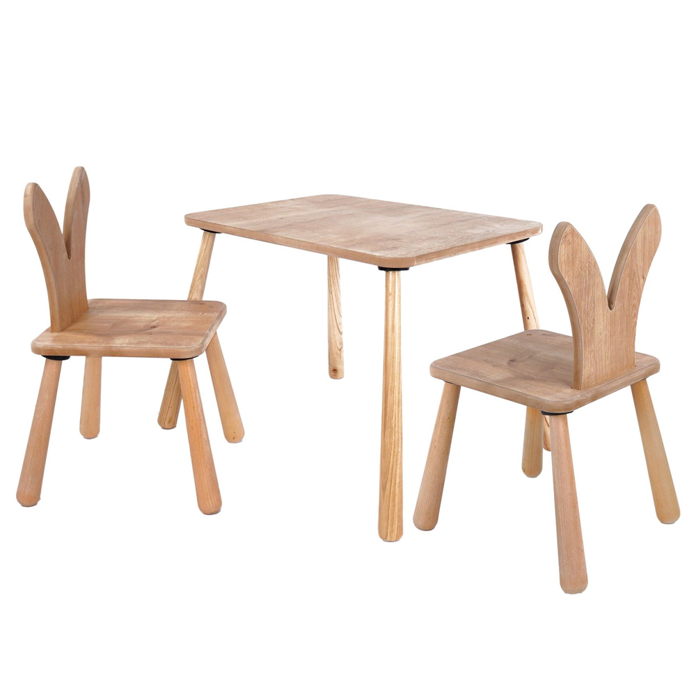 Borin Solid Pine Bunny Shape Kids Table with 2 Chairs in Oak