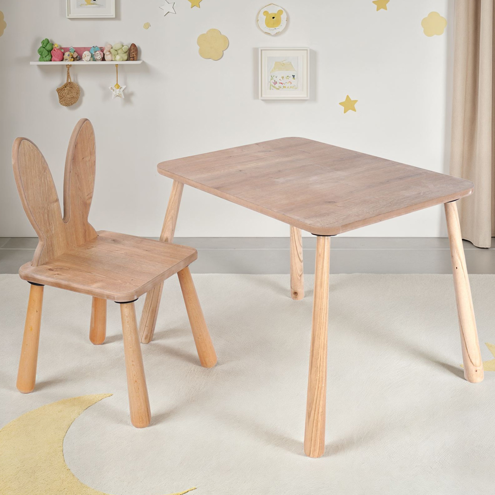 Borin Solid Pine Bunny Shape Kids Table and Chair Set in Oak