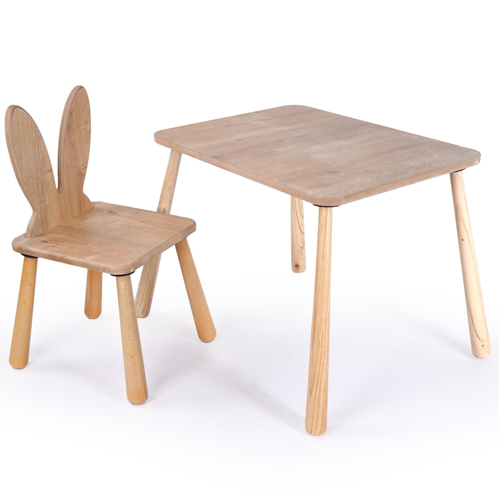 Borin Solid Pine Bunny Shape Kids Table and Chair Set in Oak