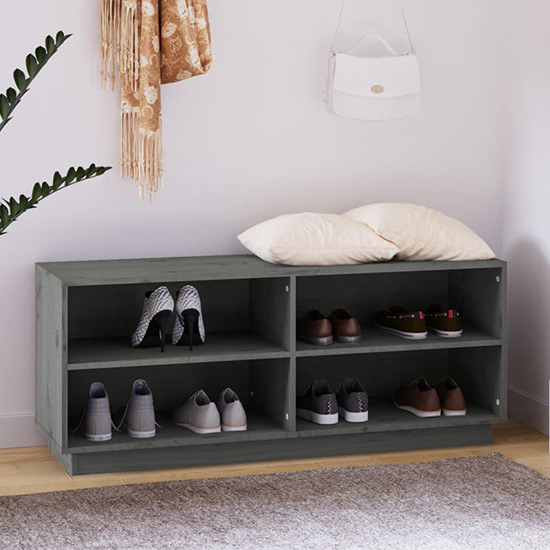 Photo of Boris pinewood shoe storage bench with shelves in grey