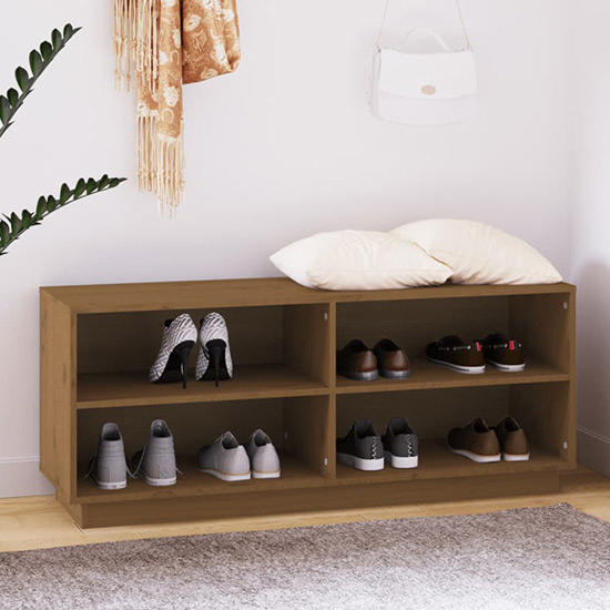 Photo of Boris pinewood shoe storage bench with shelves in honey brown