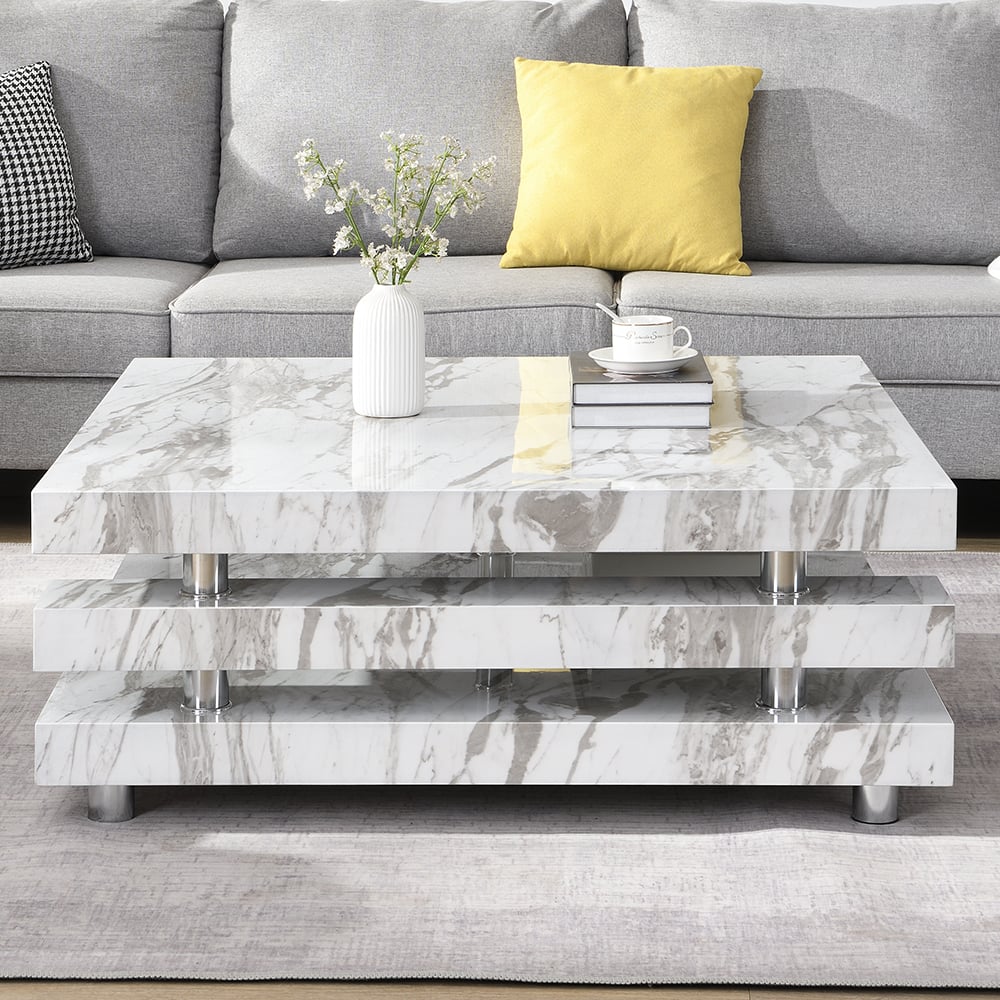 Borneo High Gloss Coffee Table Square In Filo Marble Effect