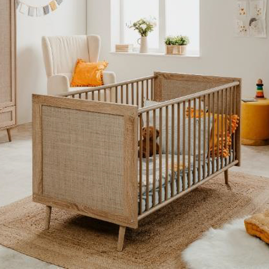 Borox Wooden Baby Cot In Sonoma Oak And Cane