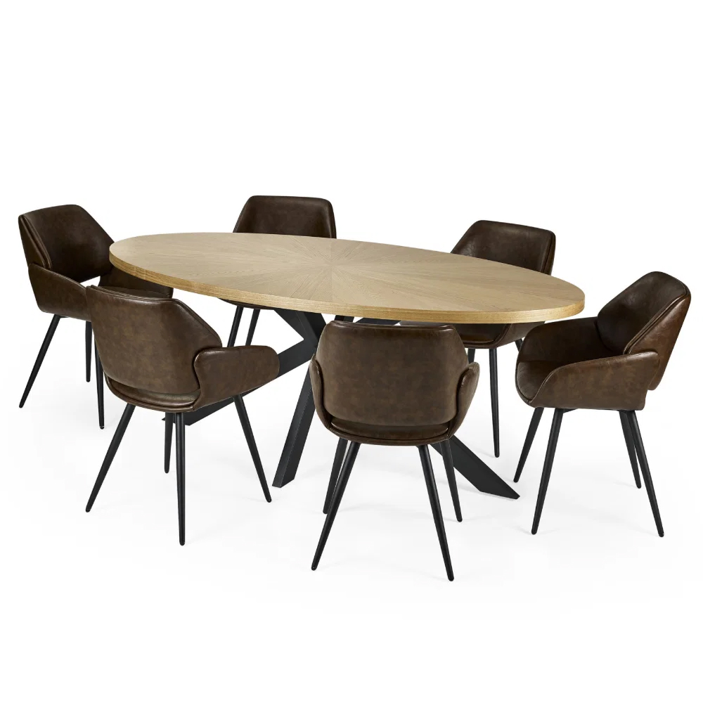 Bostel Oak Wooden Dining Table with 6 Parkerfield Brown Chairs