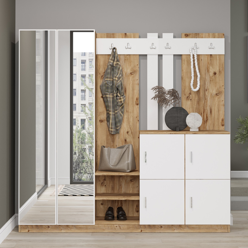 Bostin Wooden Hallway Furniture with Mirror in Atlantic Pine and White