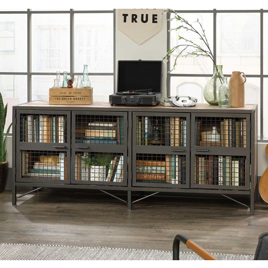 Beckley Wooden TV Stand With 4 Doors In Black And Vintage Oak