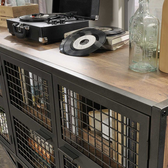 Beckley Wooden TV Stand With 4 Doors In Black And Vintage Oak