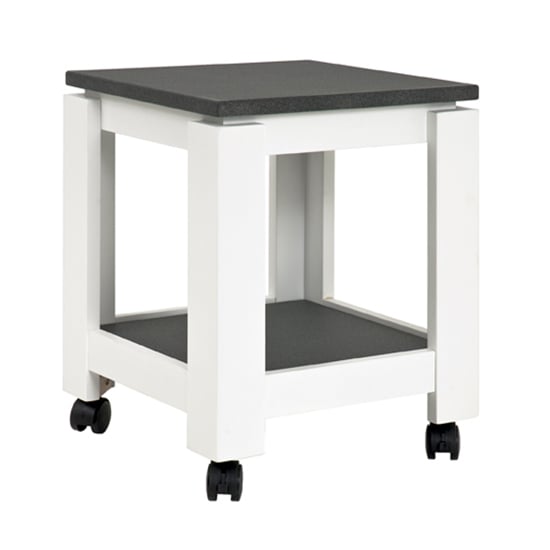 Photo of Bouse wooden side table on castors in white and granite effect