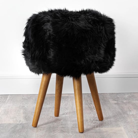 Bovril Sheepskin Stool In Black With Oak Wooden Legs