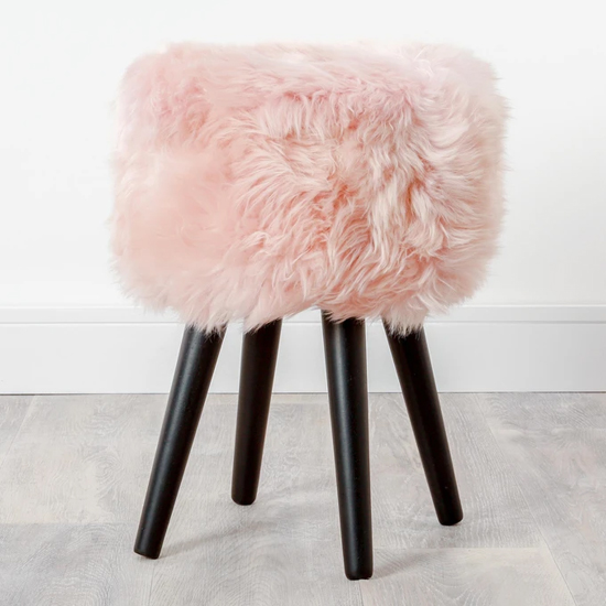 Bovril Sheepskin Stool In Blush Pink With Black Wooden Legs_1