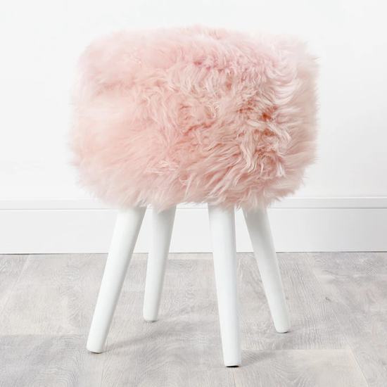 Bovril Sheepskin Stool In Blush Pink With White Wooden Legs