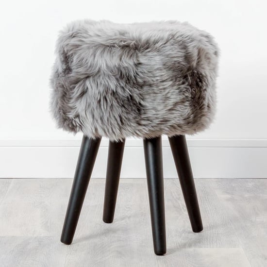 Bovril Sheepskin Stool With Black Wooden Legs In Grey