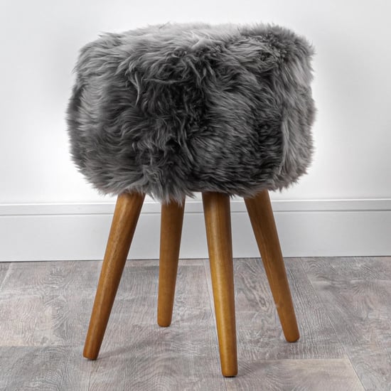 Product photograph of Bovril Sheepskin Stool With Oak Wooden Legs In Grey from Furniture in Fashion