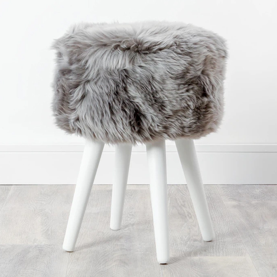 Product photograph of Bovril Sheepskin Stool With White Wooden Legs In Grey from Furniture in Fashion