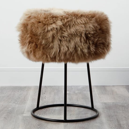 Bovril Sheepskin Stool With Black Metal Legs In Light Brown