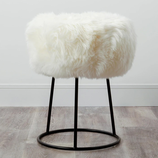 Bovril Sheepskin Stool With Black Metal Legs In Natural White