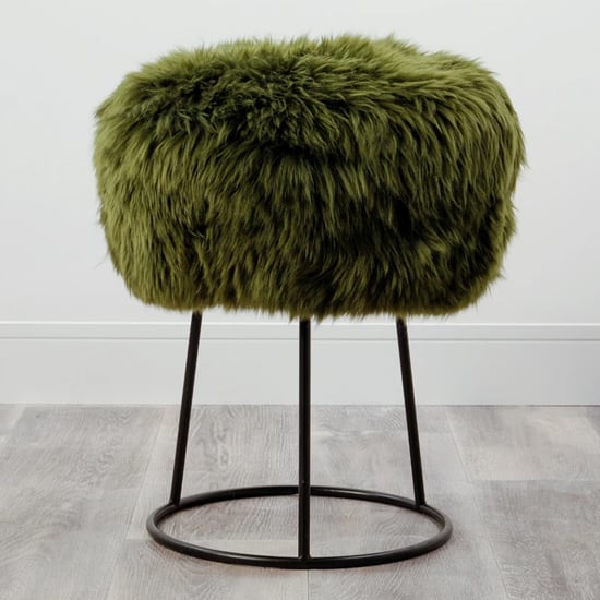 Bovril Sheepskin Stool With Black Metal Legs In Olive Green_1