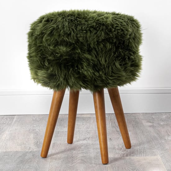 Product photograph of Bovril Sheepskin Stool With Oak Wooden Legs In Olive Green from Furniture in Fashion