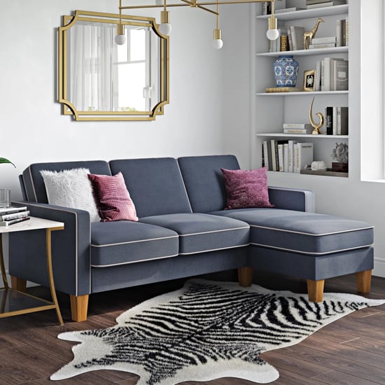 Photo of Bowens fabric corner sofa with light walnut feet in blue