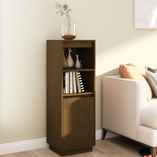 Photo of Bowie pine wood storage cabinet with 1 door in honey brown