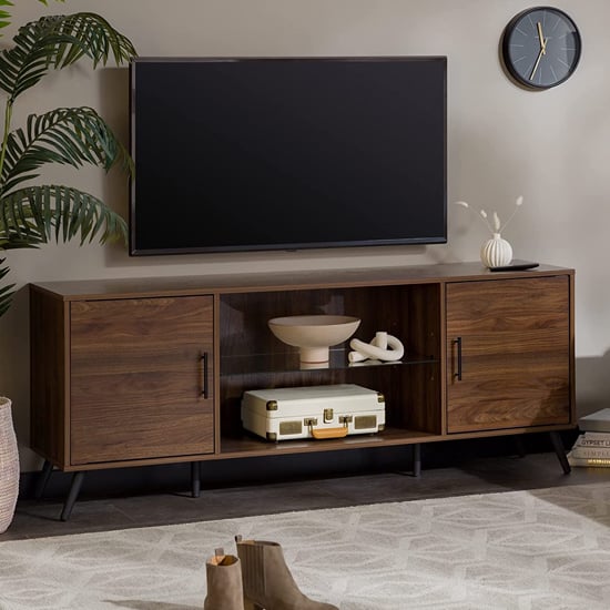 Product photograph of Bowie Wooden Tv Stand Mid Century In Dark Walnut from Furniture in Fashion